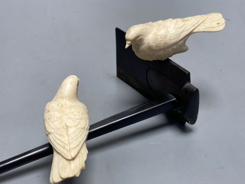 A Japanese ivory group of two carved doves, resting on a hardwood perch, length 21cm